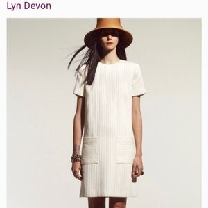 Lyn Devon Silk Cotton Woven Tan Mod Front Pocket Mod Classic Vogue Shift Dress 8